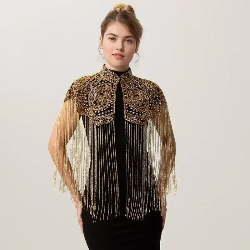 Châle indien lourd orné de perles, à longues franges, fait main, pour robe de soirée, cape, accessoire rétro à porter avec une robe Cheongsam