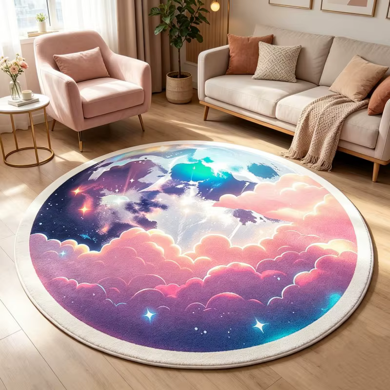 Tapis rond rose à motifs floraux