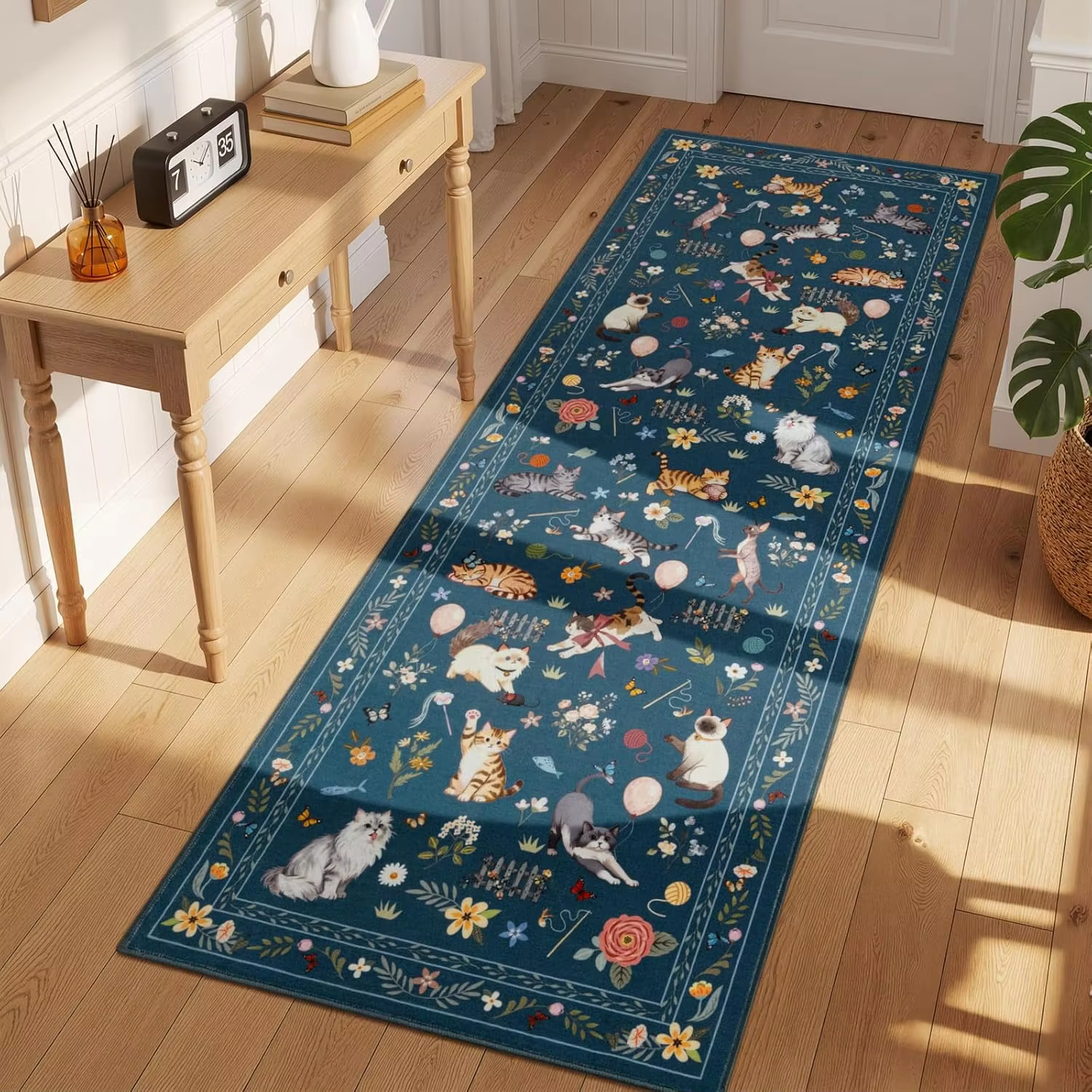 Tapis de couloir vintage vert foncé à motif botanique de chat, imprimé fleurs de prairie, tapis artistique antidérapant long pour couloir et chevet