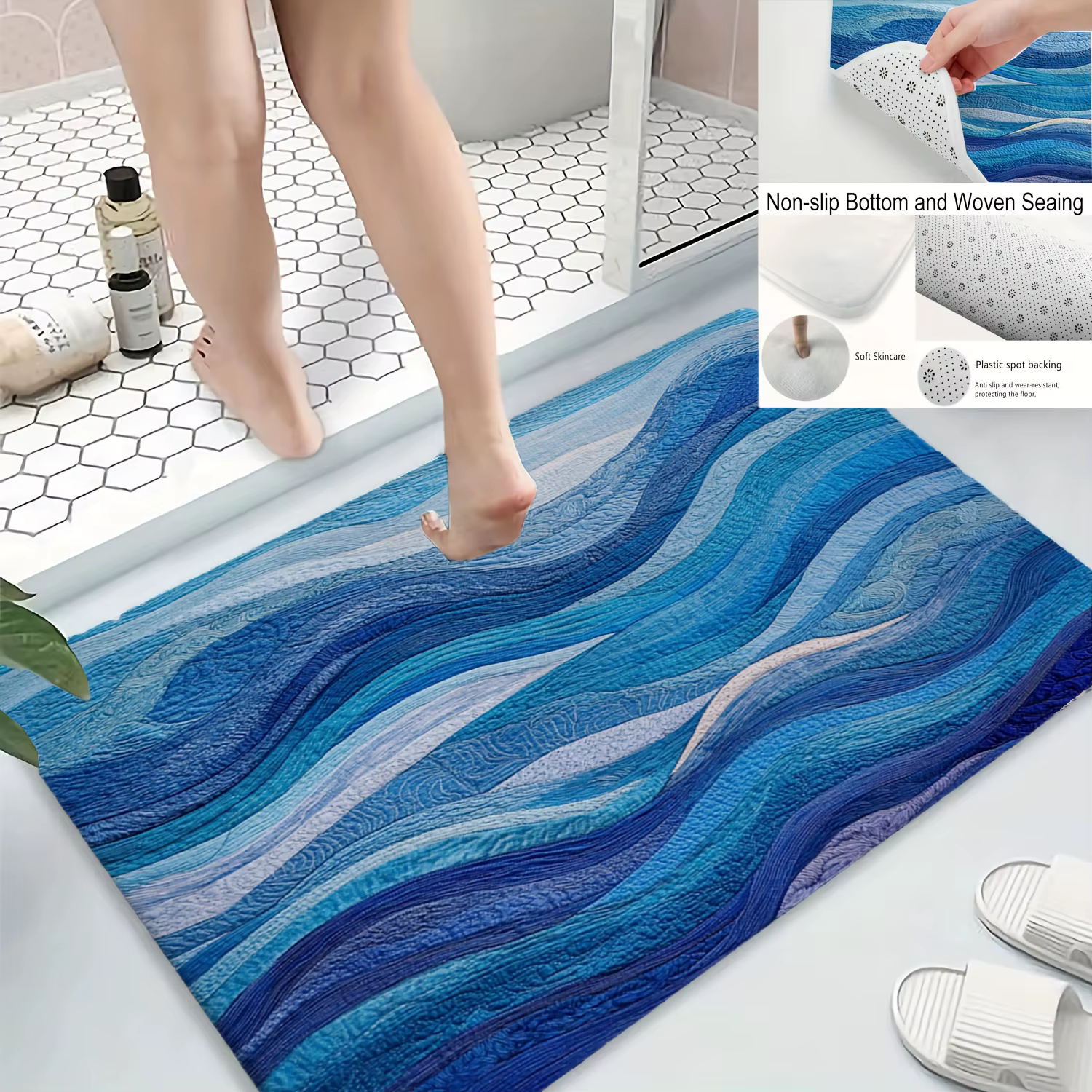 Tapis de bain à motif ondulé bleu riche, tapis antidérapant lavable en machine, idéal pour l'entrée de cuisine de salle de bain, cadeau de pendaison de crémaillère parfait