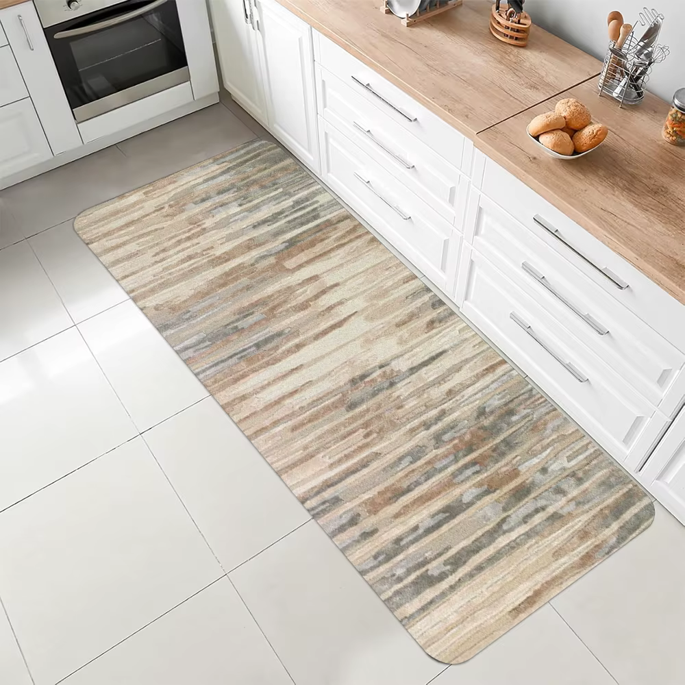 Tapis long abstrait à rayures aquarelle, motif coloré beige bleu gris, tapis antidérapant pour cuisine, salle de bain, décoration intérieure