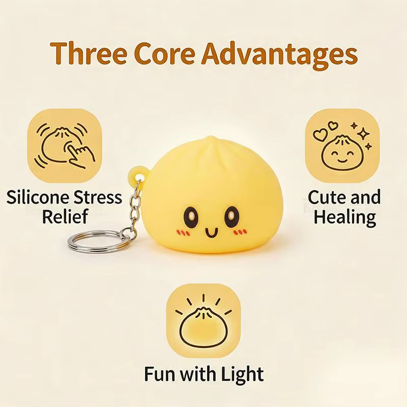 Porte-clés en silicone lumineux et adorable en forme de chignon, accessoire de dessin animé parfait pour le soulagement
