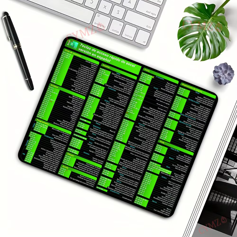 Tapis de Souris Compact pour Bureau avec Raccourcis Excel Espagnols, Accessoire de Bureau 29x25CM, Tapis de Table pour Ordinateur Portable, Antidérapant avec Bords Cousus