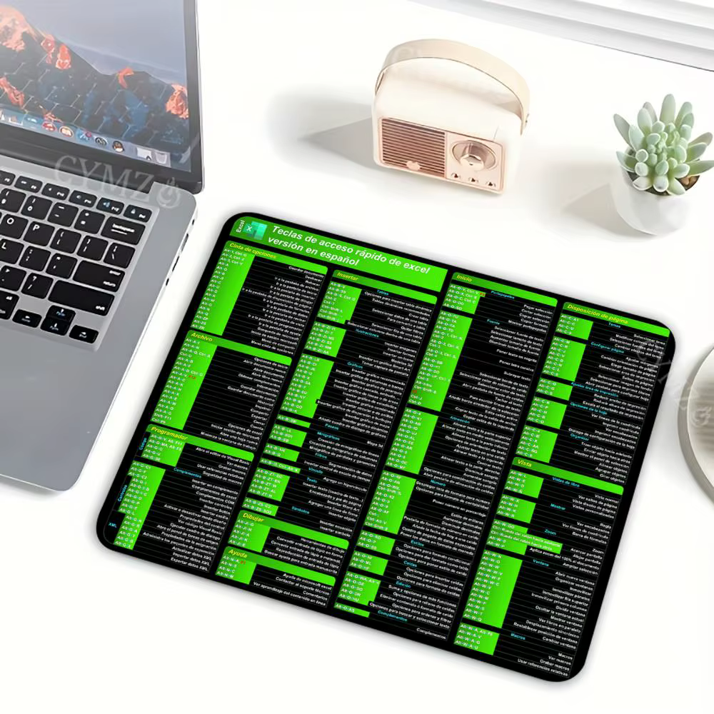 Tapis de Souris Compact pour Bureau avec Raccourcis Excel Espagnols, Accessoire de Bureau 29x25CM, Tapis de Table pour Ordinateur Portable, Antidérapant avec Bords Cousus