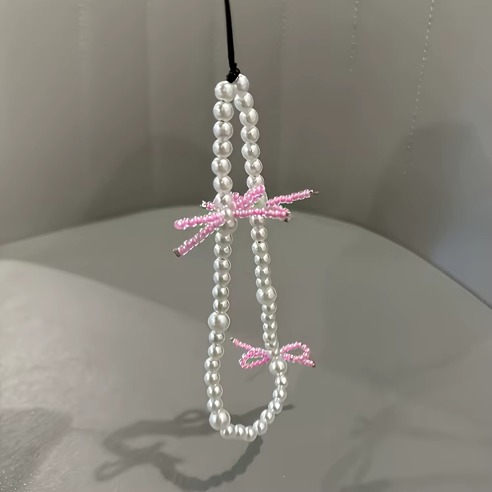 Accessoire de breloque en perles avec nœud papillon rose, 1 pièce, pour étui de téléphone, lanière, Bracelet, matière plastique, décor de bijoux à la mode