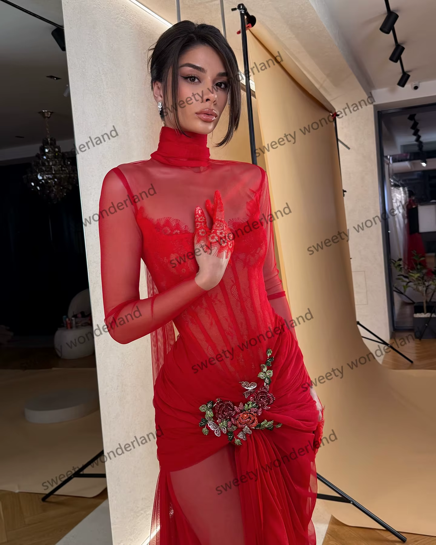 Robes de soirée rouges femme manches longues vestidos de noche arabe col haut robe de bal broderie robes de soirée personnalisées