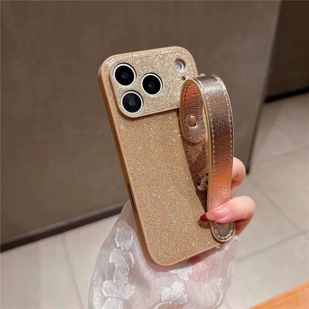 Étui de luxe en cuir brillant avec dragonne, accessoires adaptés à l'iphone 11 12 13 mini 14 15 16E 17 Pro Max Plus, housse de Protection