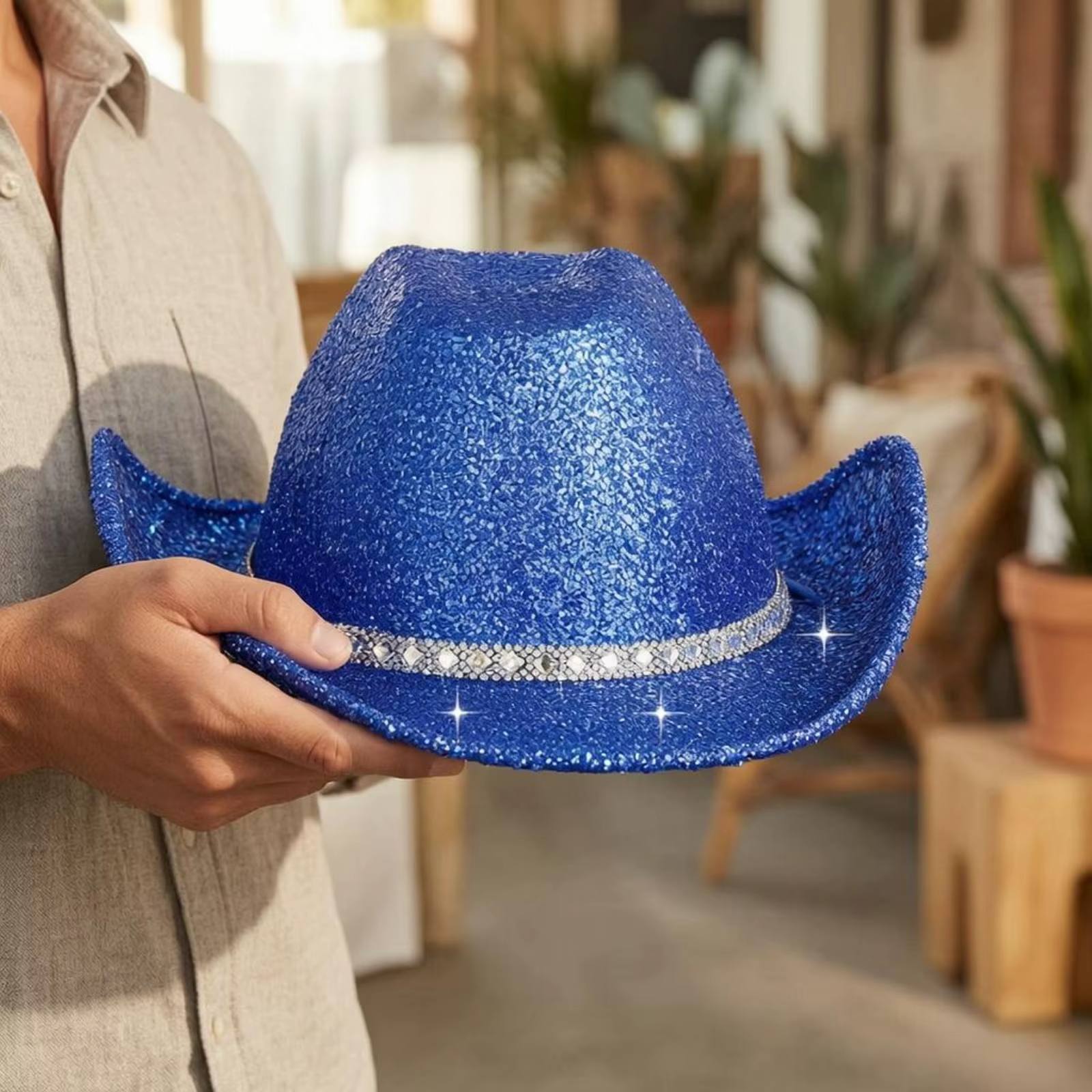 Chapeau de cowboy bleu scintillant en jean, accessoire de tête à couronne haute avec bande décorative