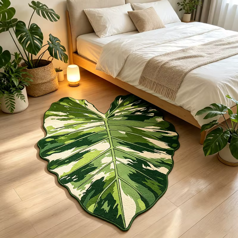 Tapis en forme de feuille de style nordique, motif de plante verte, paillasson d'entrée, tapis de sol doux, antidérapant et confortable, décoration de la maison