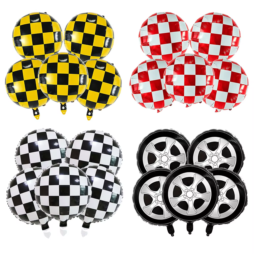 Ballons à carreaux en aluminium rouge, jaune, noir et blanc, 5 pièces, pour décorations de fête d'anniversaire sur le thème de la course