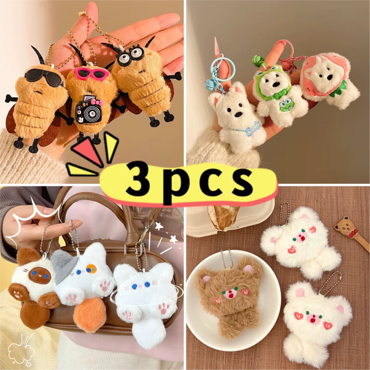 Porte-clés chiot avec nœud papillon, 3 pièces, breloque pour sac à dos en Polyester doux, accessoire fantaisiste pour sacs, pendentif, cadeau de vacances