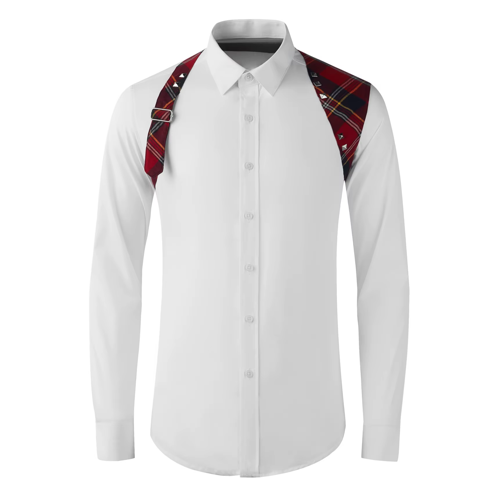 Chemise à manches longues pour hommes, bretelles d'épaule, épissure à carreaux, décoration à rivets, chemise d'affaires décontractée, fête sociale, Streetwear, offre spéciale