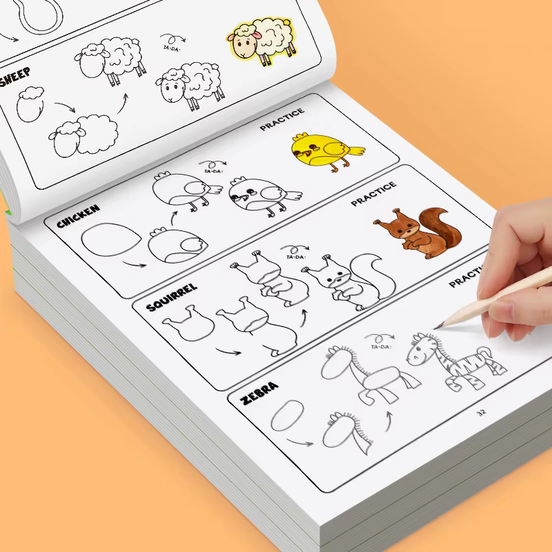 Livre d'activités interactif à 96 thèmes d'animaux, comment dessiner des animaux, quatre étapes simples pour compléter le dessin, livre de jouets de coloriage