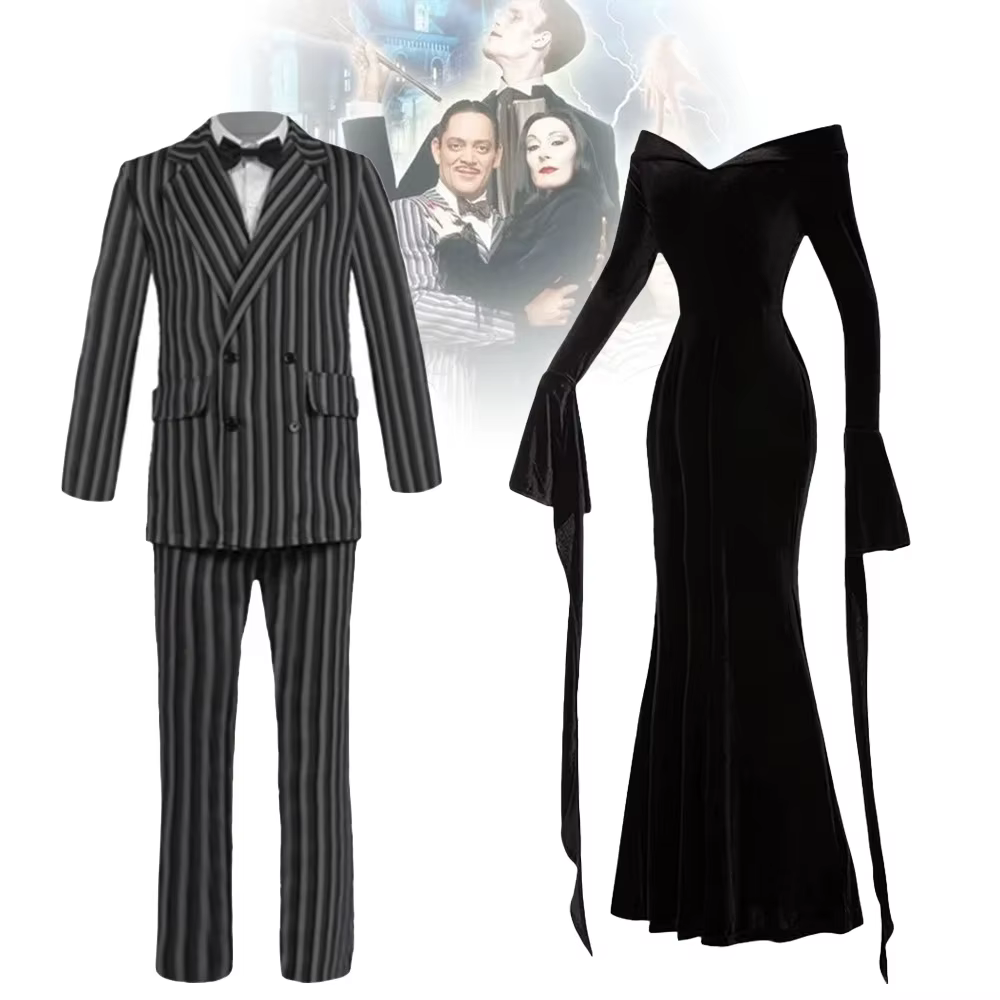 Nouveau The Addams Cosplay famille mercredi Addams Costume Halloween robe noire tache blanche pour les femmes Cosplay Costume