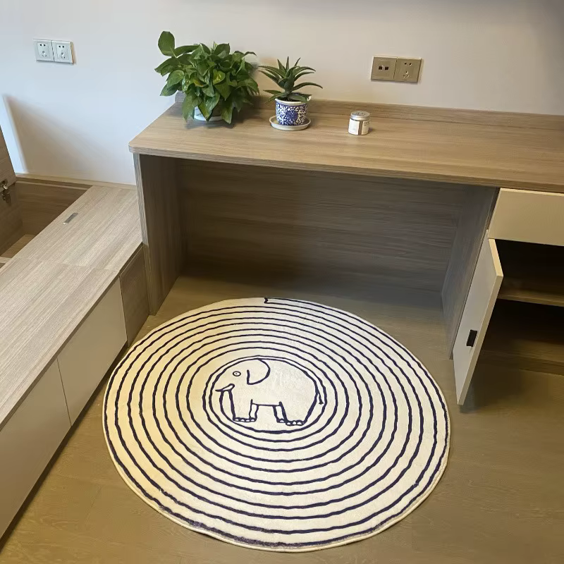 Tapis de dessin animé d'éléphant rayé, décoration de maison, de chambre à coucher, de salon, de porte d'entrée, tapis de jeu rond mignon pour enfants