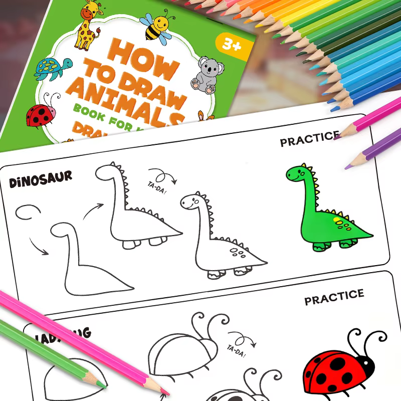 Livre d'activités interactif à 96 thèmes d'animaux, comment dessiner des animaux, quatre étapes simples pour compléter le dessin, livre de jouets de coloriage