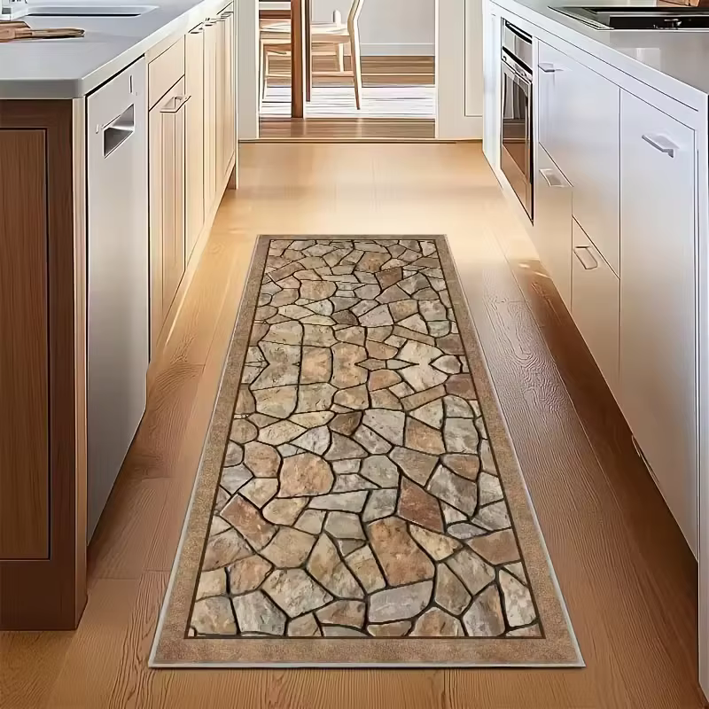 Tapis de cuisine moderne à motif de carreaux de pierre, antidérapant, à longue bande, pour sol, facile à nettoyer, décor de couloir de salle à manger