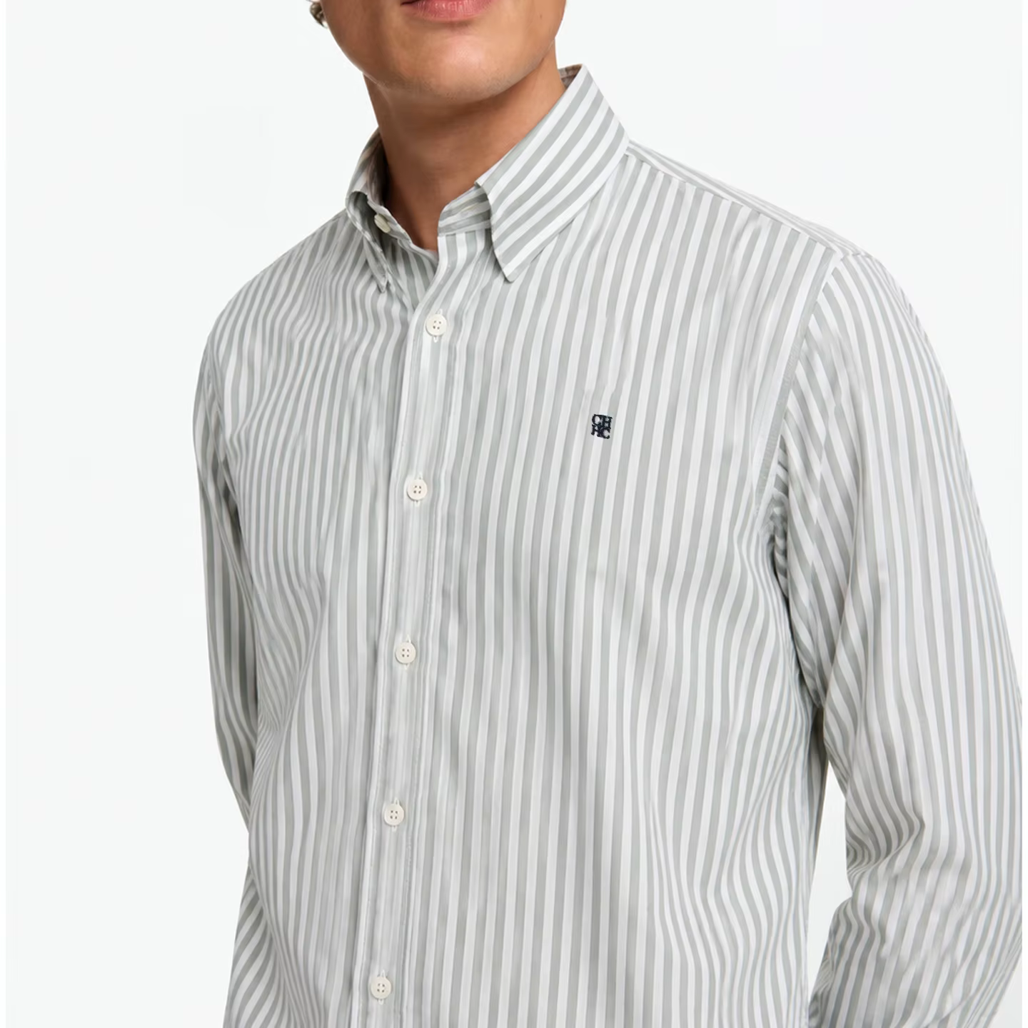 Chemise à manches longues brodée à rayures CH pour homme, coupe droite, col boutonné, classique, intemporelle, décontractée, pour tous les jours