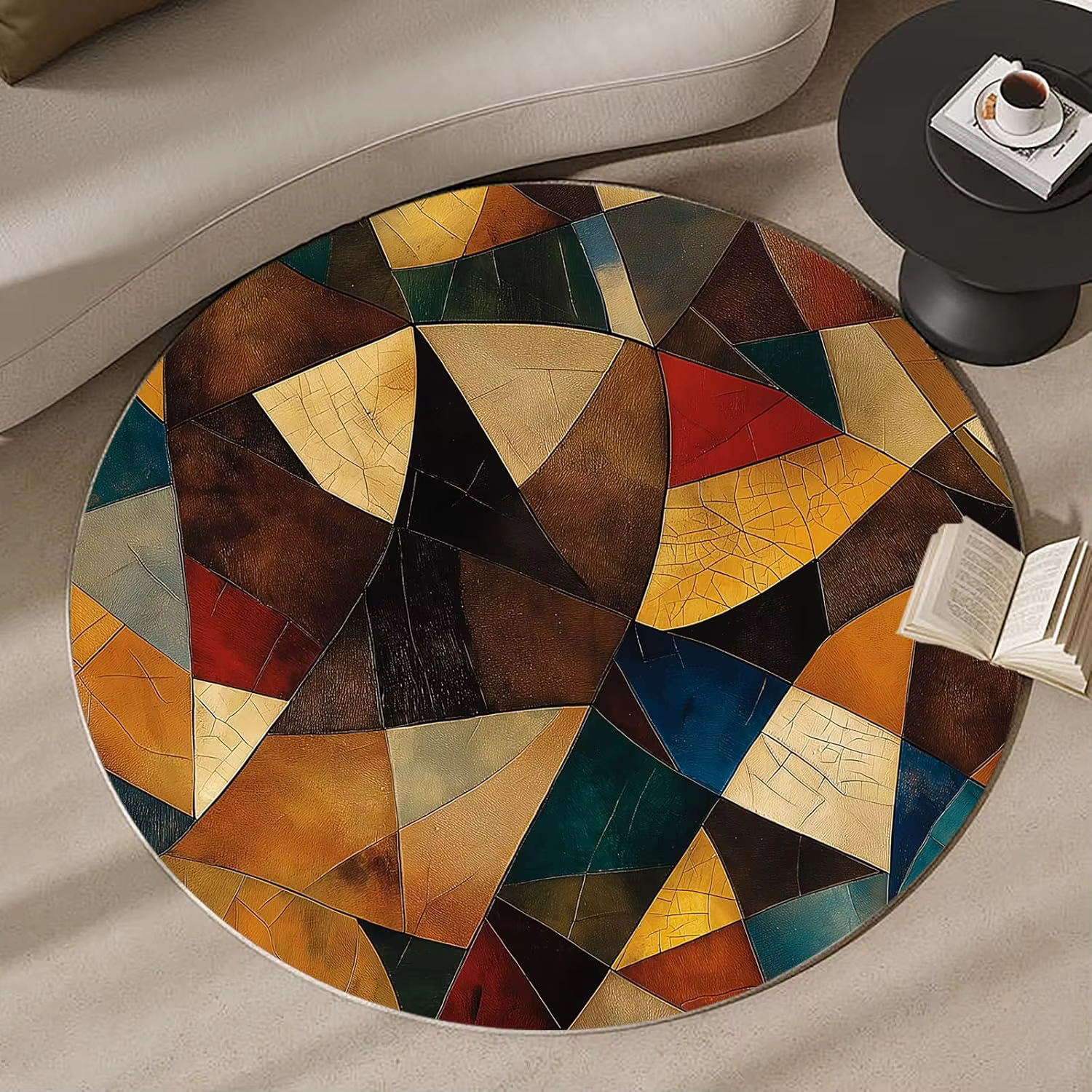 Tapis Rond Rétro Mid-Century, Motif Géométrique Abstrait, Marron, Teal, Orange, Blocs de Couleurs, Art Décoratif pour Salon, Coussin de Sol pour Chaise