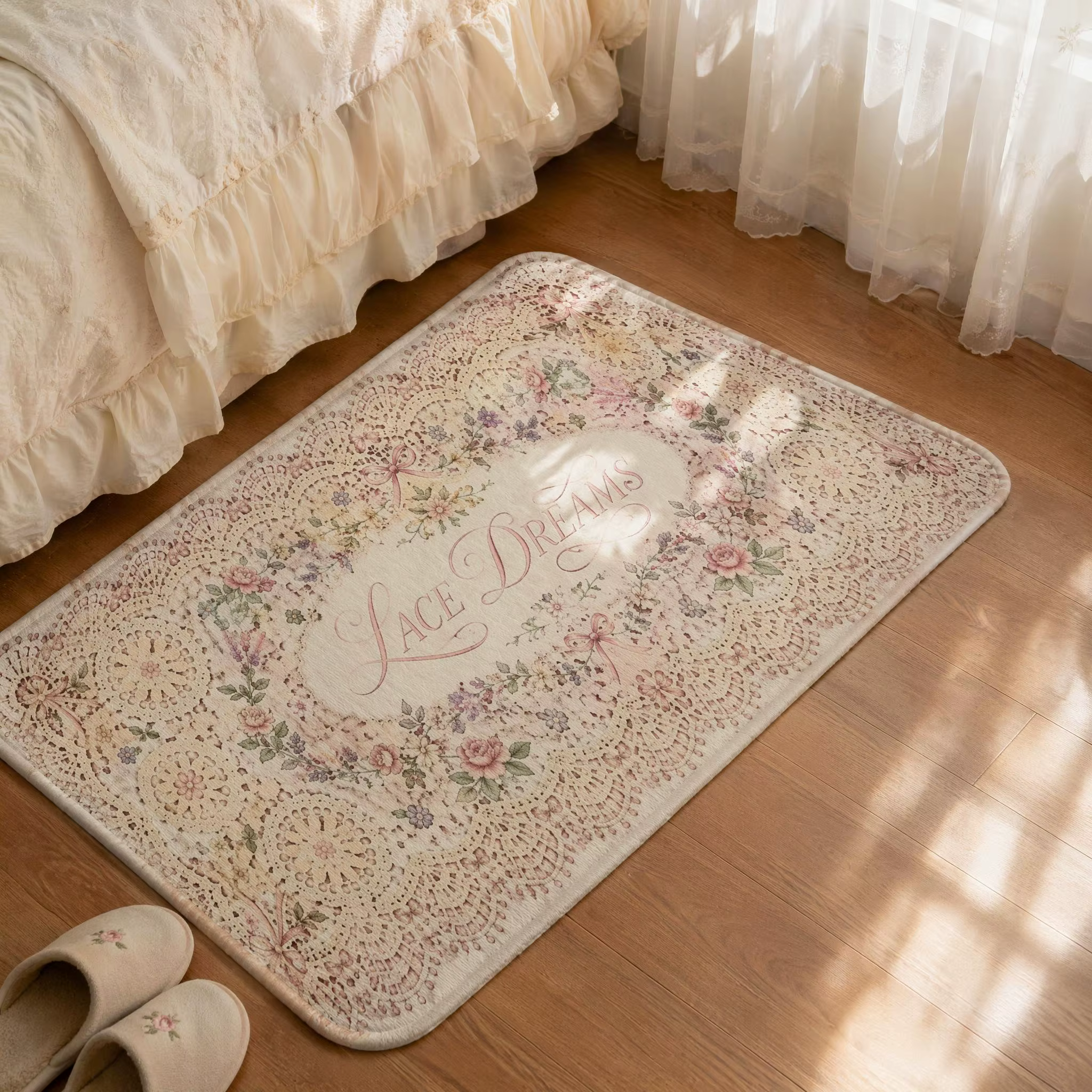 Tapis de Couloir Long en Crochet Floral Vintage Lace Dreams, Style Shabby Chic, Motif Floral Pastel, Rectangulaire, pour Chambre à Coucher ou Coiffeuse