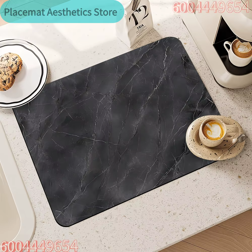 Housse anti-poussière pour machine à laver et tapis de séchage pour vaisselle - Motif marbre noir et blanc, tapis de protection en polyester durable pour la cuisine