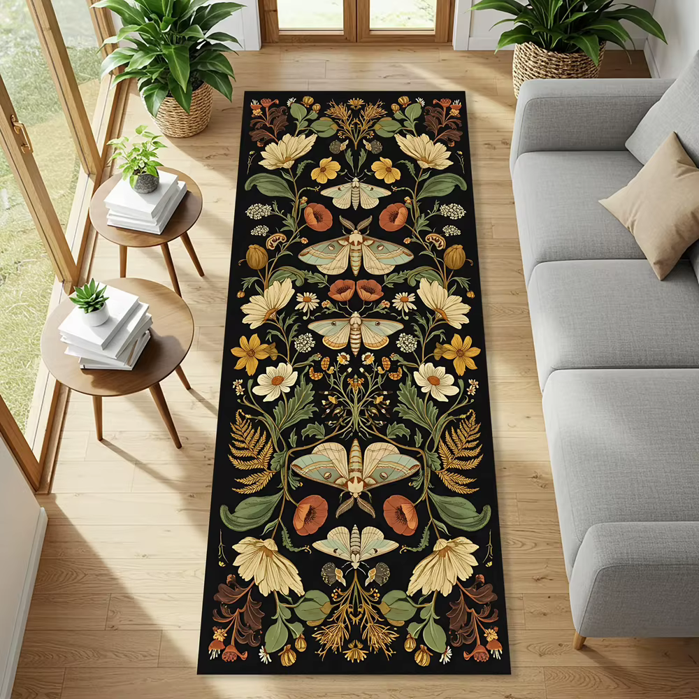 Tapis de couloir vintage à motifs floraux et animaux sauvages