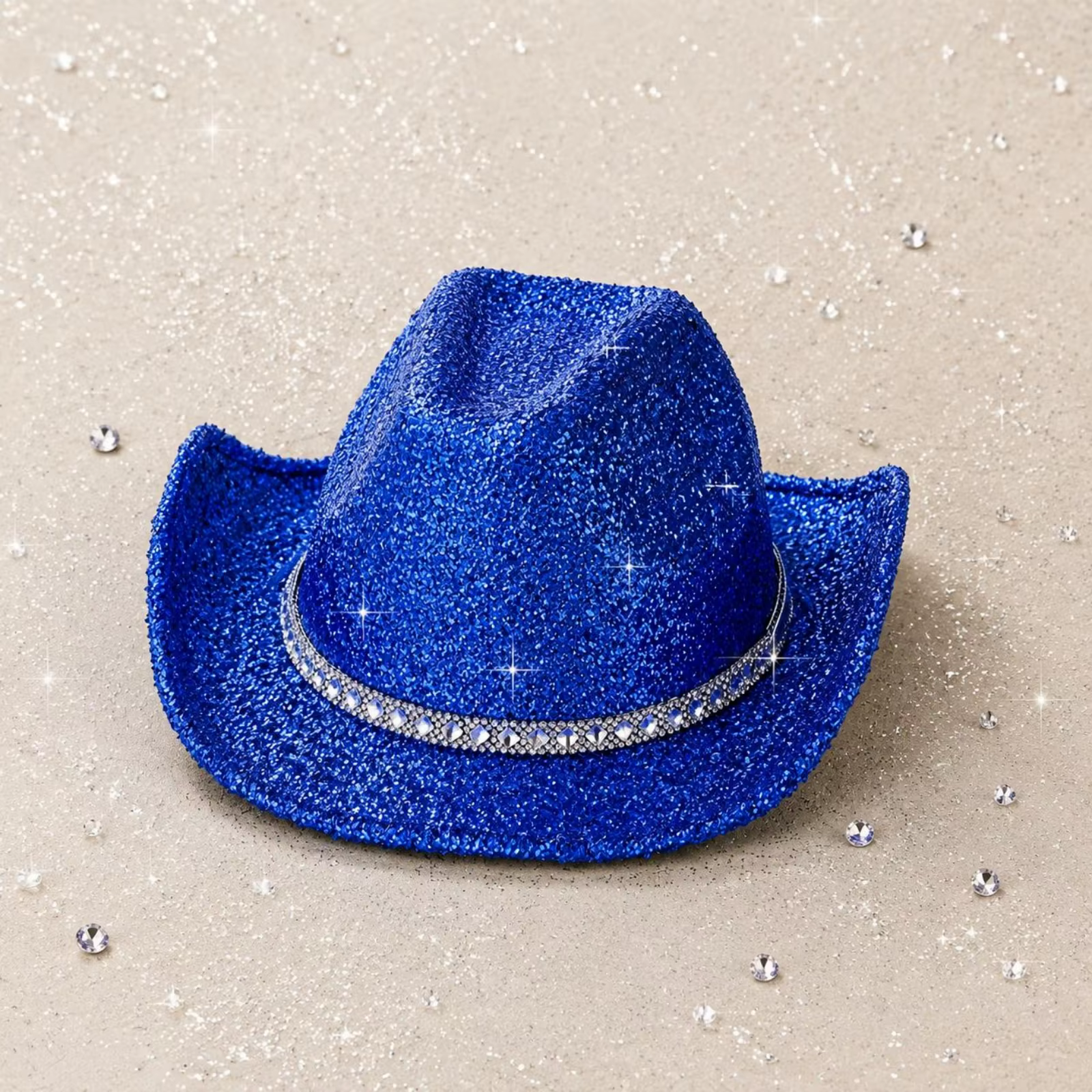 Chapeau de cowboy bleu scintillant en jean, accessoire de tête à couronne haute avec bande décorative