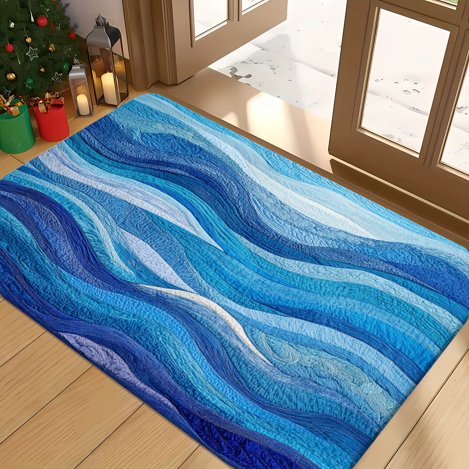 Tapis de bain à motif ondulé bleu riche, tapis antidérapant lavable en machine, idéal pour l'entrée de cuisine de salle de bain, cadeau de pendaison de crémaillère parfait