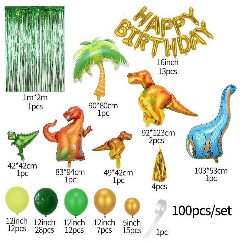 Ensemble de ballons dinosaure arc pour anniversaire d'enfants, fête à thème dino, ballons en aluminium, rideau de guirlandes, décoration de fond avec pompon