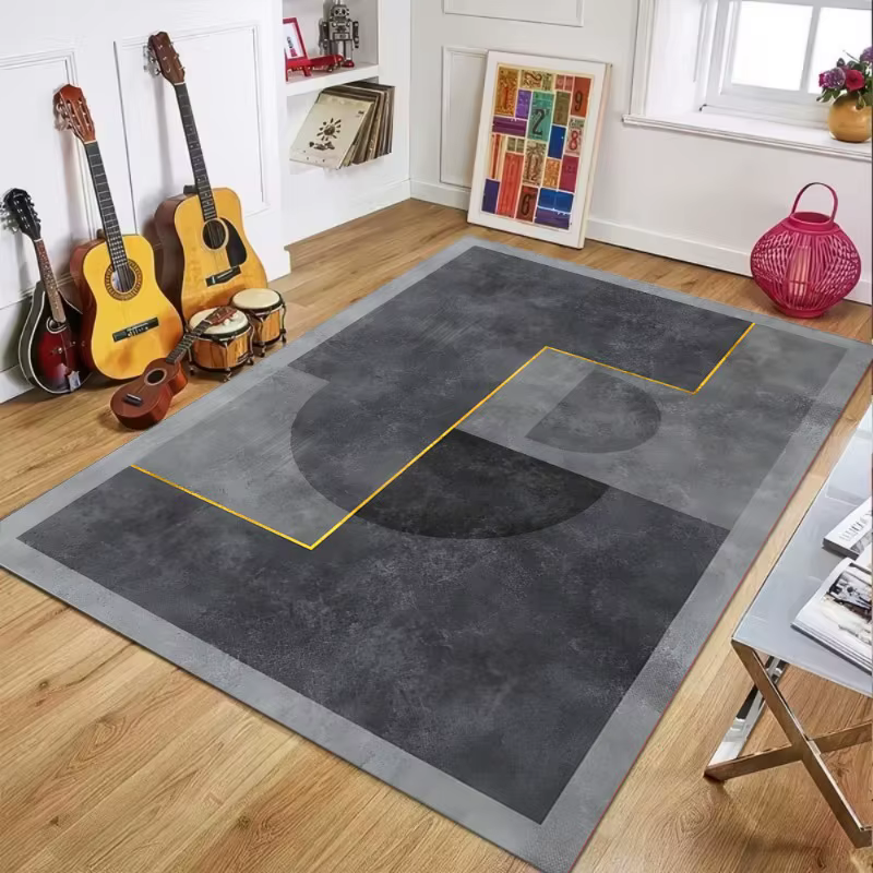 Tapis géométrique gris jaune – Design abstrait moderne avec lignes contrastées, tapis antidérapant pour décoration de salon et de chambre à coucher