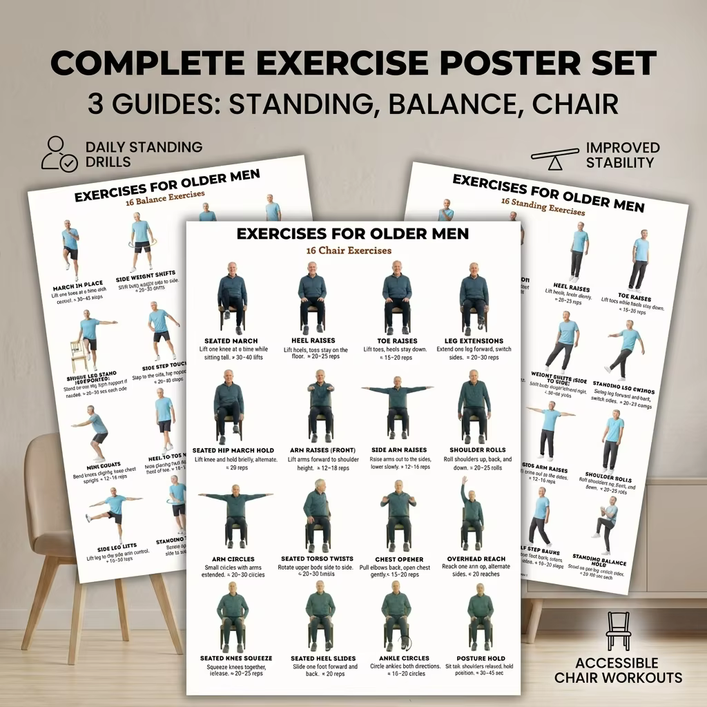 Lot de 3 affiches d'exercices et guide d'entraînement pour chaise d'équilibre, pour hommes âgés, améliorant la force et l'équilibre du bas du corps, usage domestique en intérieur