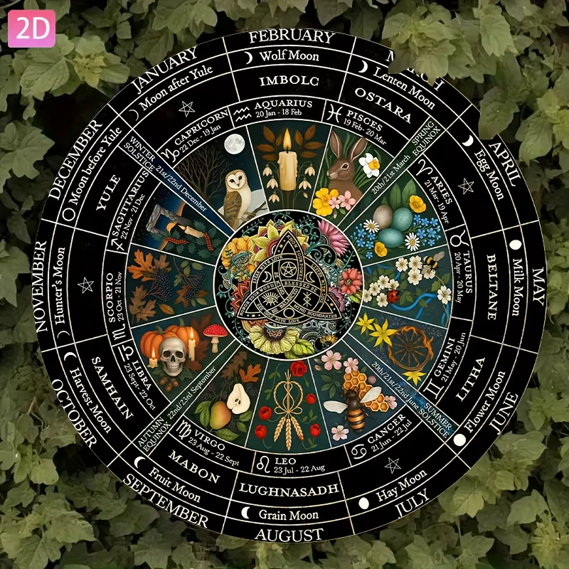 Décoration murale en métal vintage 2D plate, 1 pièce - Calendrier païen Roue de l'Année et décor Samhain Wiccan - 20x20cm (7.8x7.8")