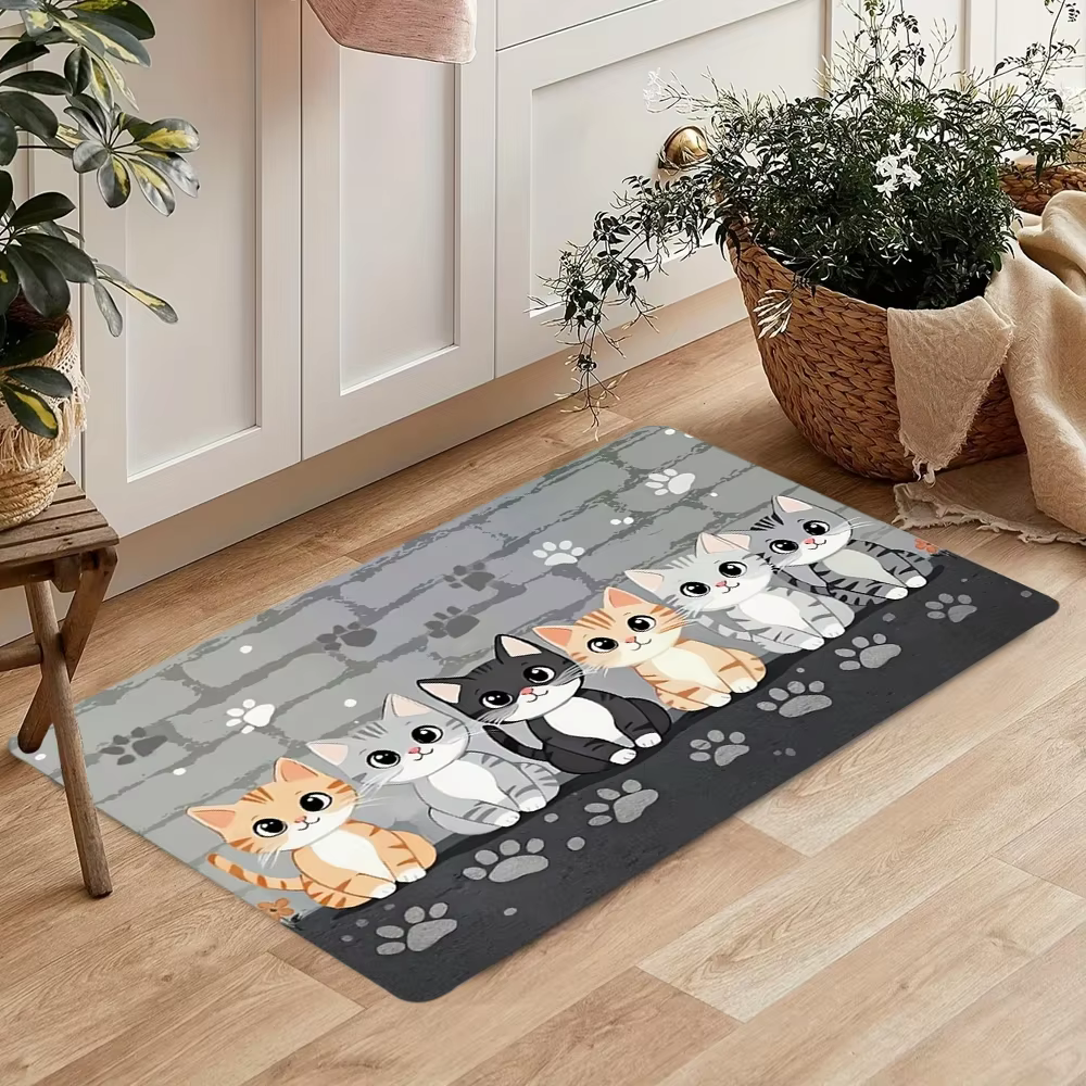 Tapis Adorable Chat de Dessin Animé, Décoration d'Intérieur Mignonne et Charmante avec Tons Noirs pour Salon et Chambre à Coucher