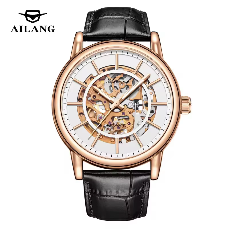 AL8891 Montre mécanique automatique squelette à cadran rond, bracelet en cuir, étanche, lumineuse, design « Life Your Wheel Helm Steering Round »