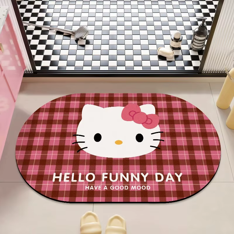 Tapis de bain Kawaii Kitty à bordure rose, résistant aux taches, antidérapant, séchage rapide, en terre de diatomée