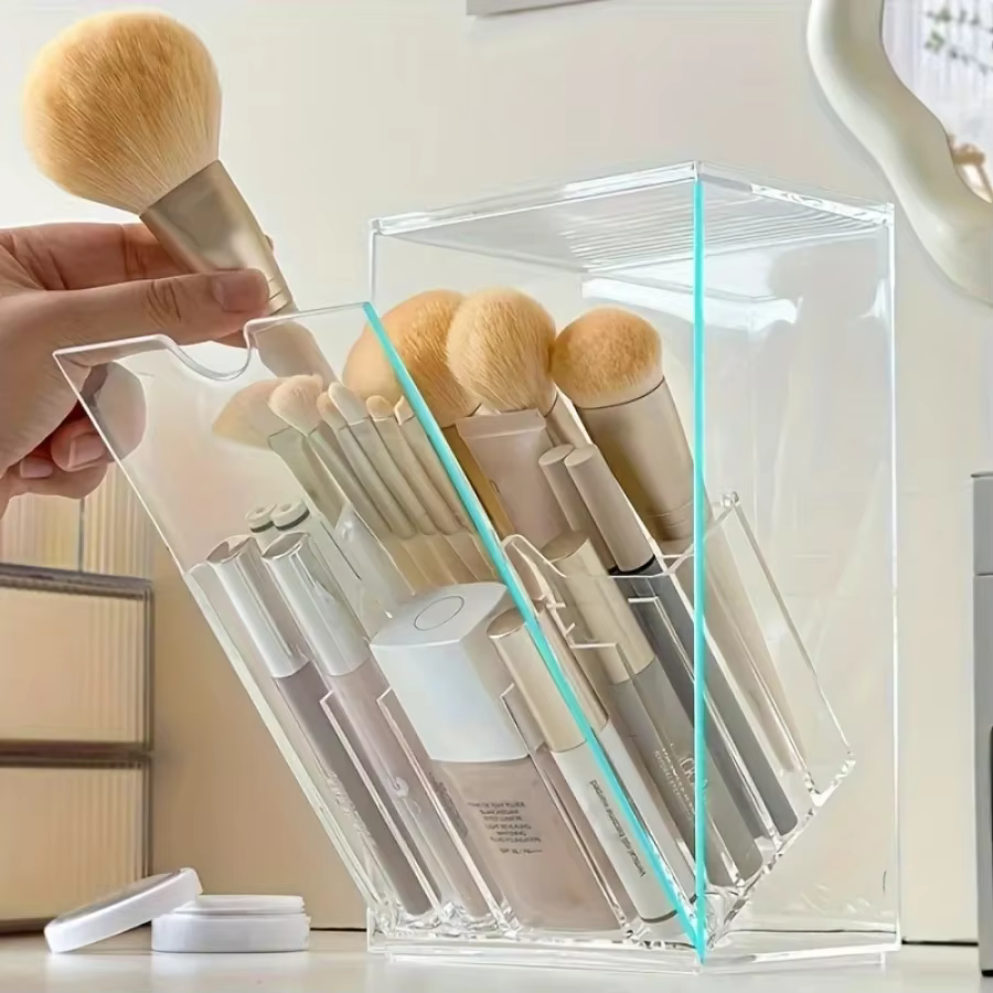Coiffeuse boîte de rangement acrylique porte-brosse de maquillage Transparent réglable bureau salle de bain étanche accessoires de rangement