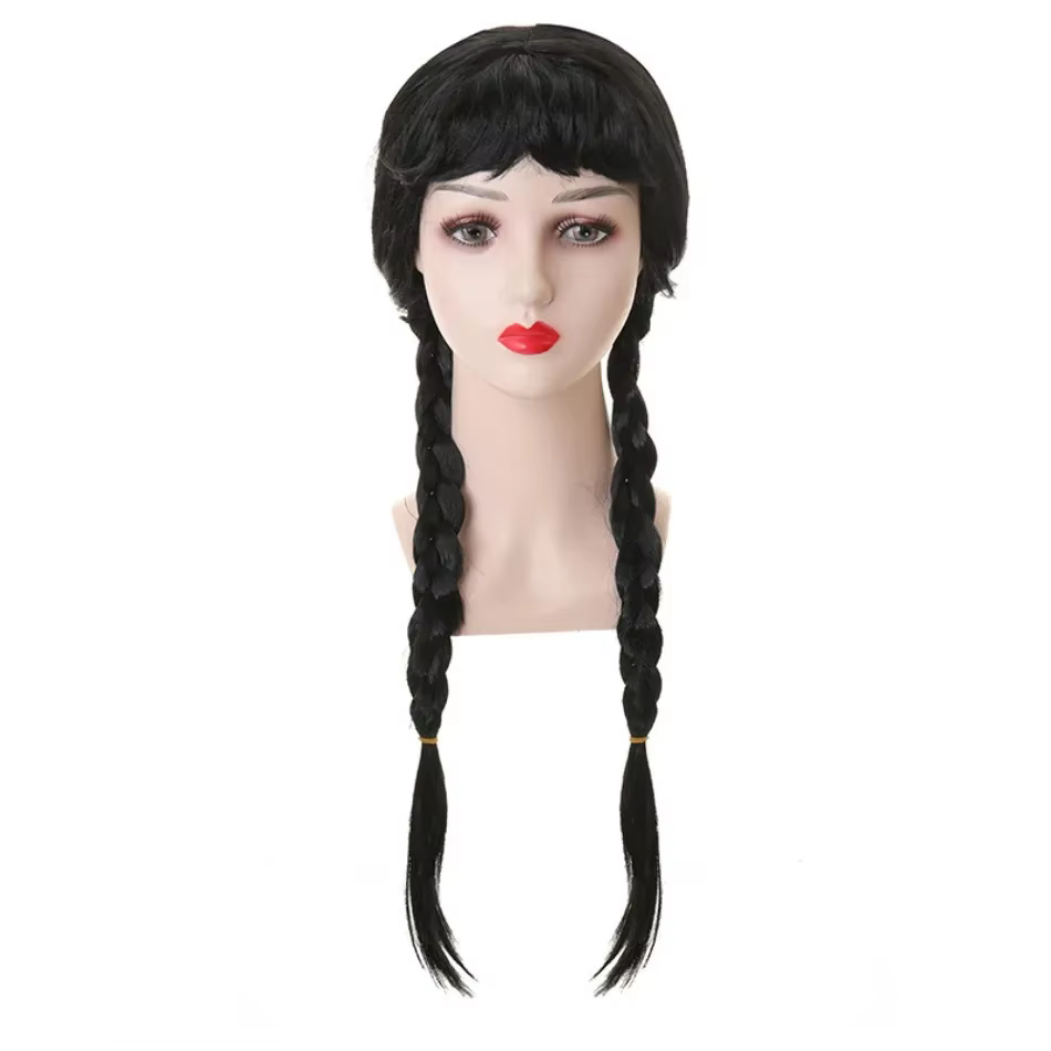 Perruque de mercredi pour enfants Halloween mercredi Addams tresses noires cheveux synthétiques accessoires de Cosplay couronne collier coiffure costume