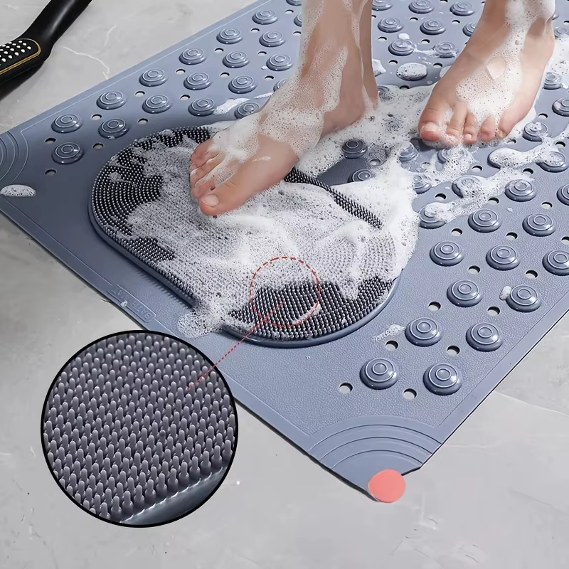 Tapis de bain antidérapant en PVC bleu clair - Tapis de sécurité rectangulaire pour douche et salle de bain avec picots de massage - 0,8 cm d'épaisseur, 2600 g/m², motif à pois