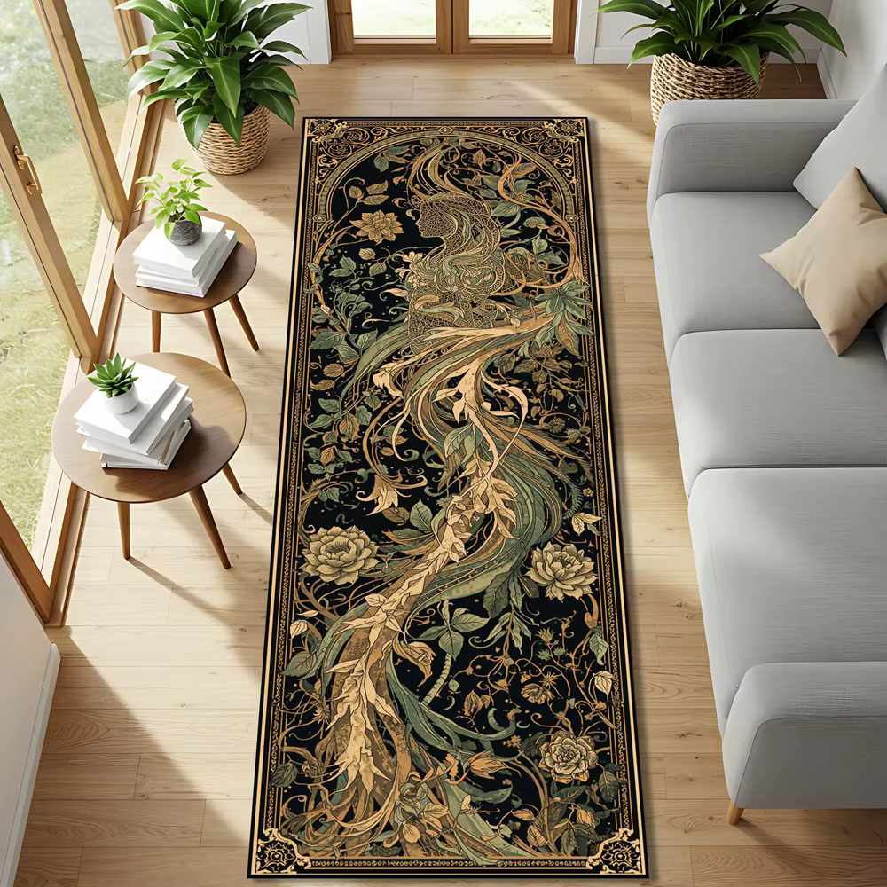 Tapis de couloir vintage à motif floral botanique style sirène, tapis décoratif rétro Art Nouveau à imprimé floral pour salon, chambre et couloir