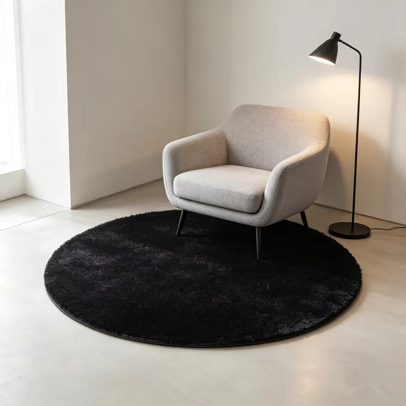 Tapis rond noir avec longue peluche