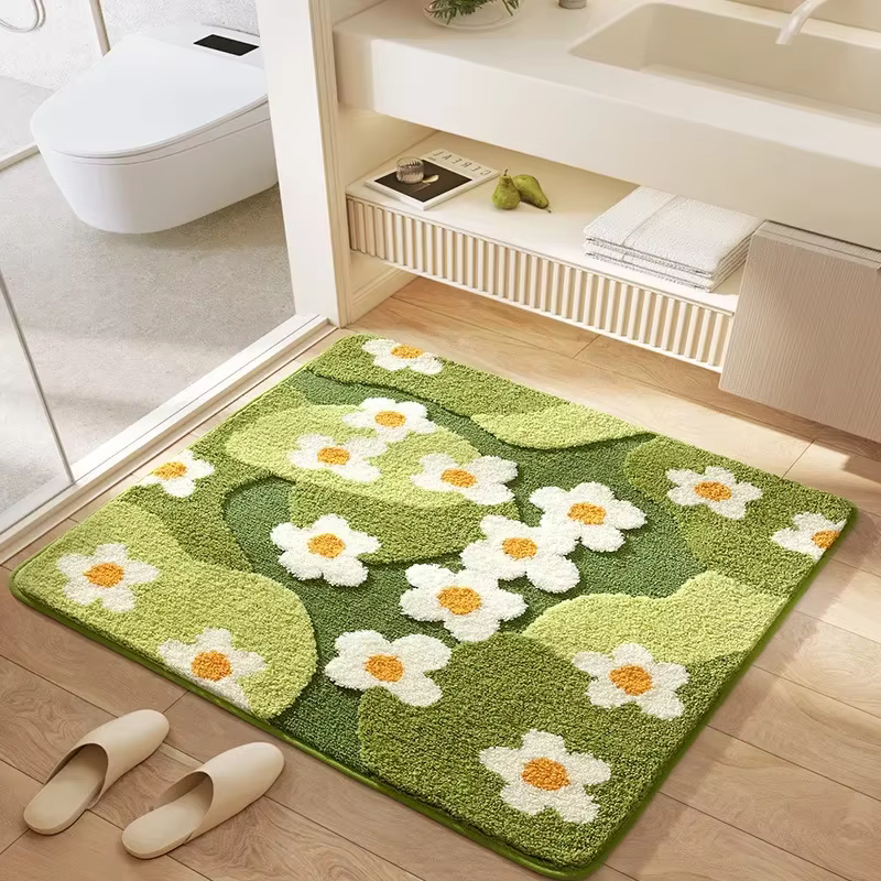 Tapis de bain floral carré, tapis de salle de bain ultra absorbant en peluche, support antidérapant et surface douce au toucher, tapis de sol pour la décoration de la salle de bain