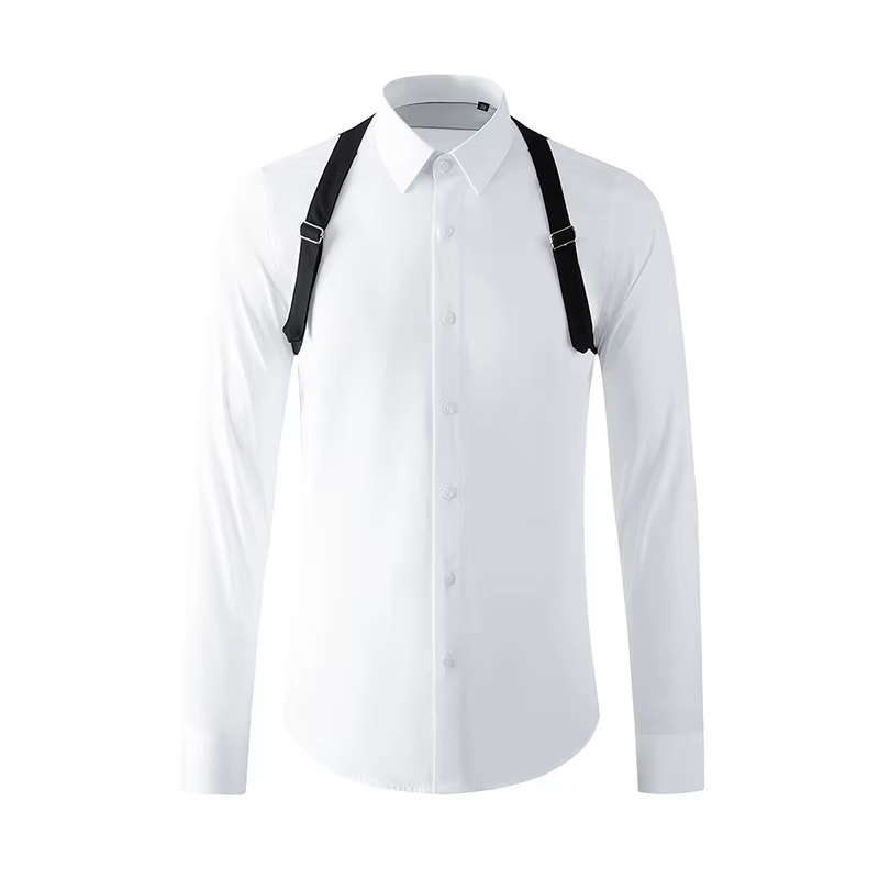 Mode bandoulière décoration hommes chemise à manches longues affaires robe sociale chemise Banquet fête smoking Blouse hommes vêtements