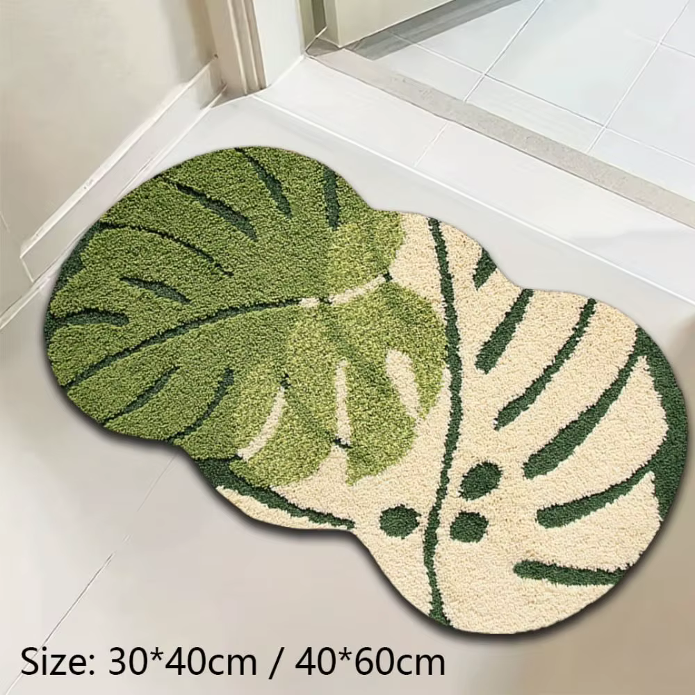 Tapis de sol de salle de bain en forme de feuille, en fibres épaissies, motif feuille, antidérapant TPR, design irrégulier, tapis de bain antidérapant