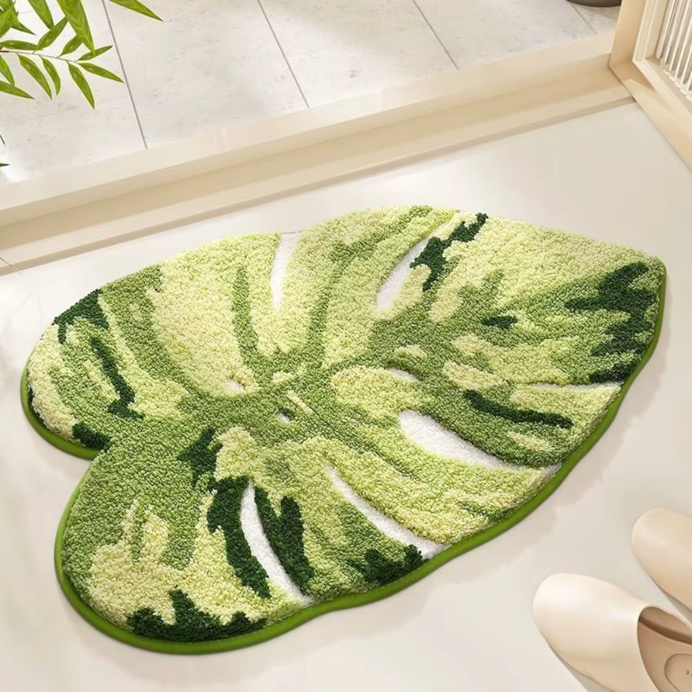 Tapis de sol de salle de bain en forme de feuille, en fibres épaissies, motif feuille, antidérapant TPR, design irrégulier, tapis de bain antidérapant