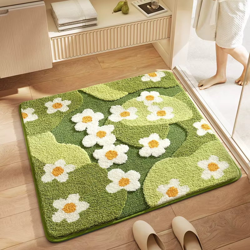 Tapis de bain floral carré, tapis de salle de bain ultra absorbant en peluche, support antidérapant et surface douce au toucher, tapis de sol pour la décoration de la salle de bain