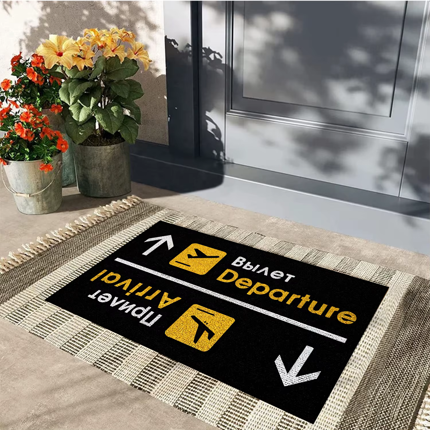 Tapis d'entrée bilingue russe et anglais antidérapant avec dos en caoutchouc pour aimeraisons du voyage, idéal pour les arrivées et les départs à l'aéroport