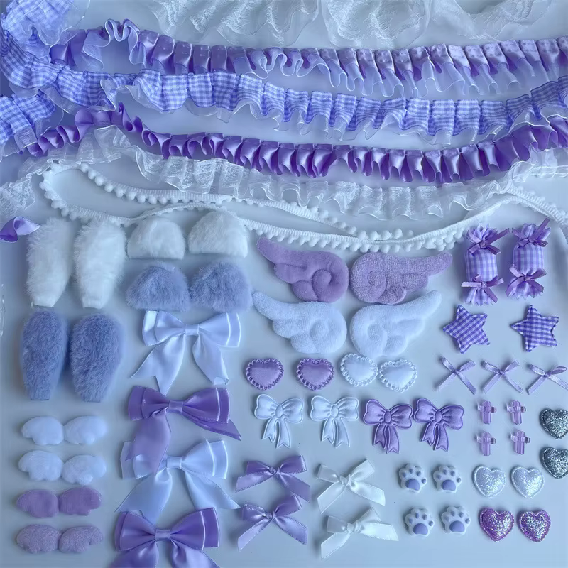 67 pièces d'ensemble d'accessoires colorés ensemble d'emballage de matériel en dentelle rose ventilateur manuel accessoires de bricolage paquet indolore beau nœud de fille