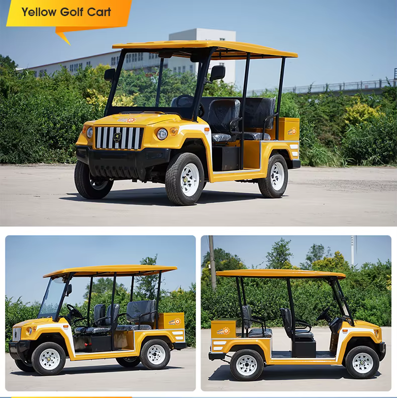 Voitures de golf électriques populaires ! Chariots de golf électriques jaunes en promotion, 5/6 places, 4 roues, chariot de golf 6 places