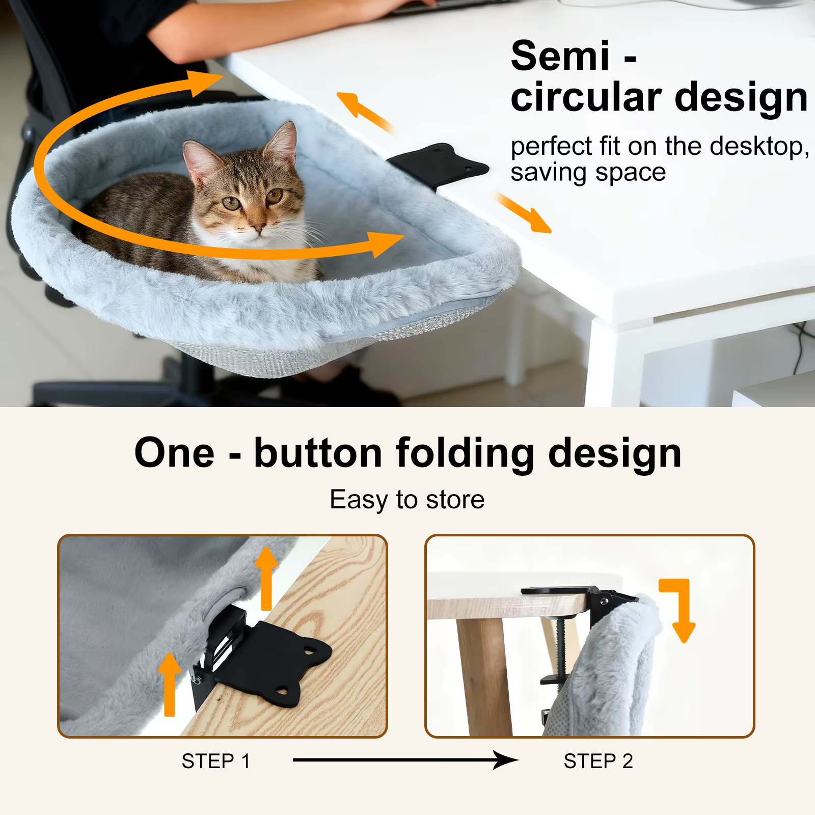 Lit de bureau pour chat, pliable en un clic, Design coulant, peu encombrant, Semi-circulaire, hamac, perche pour la maison, le bureau et les chats d'intérieur