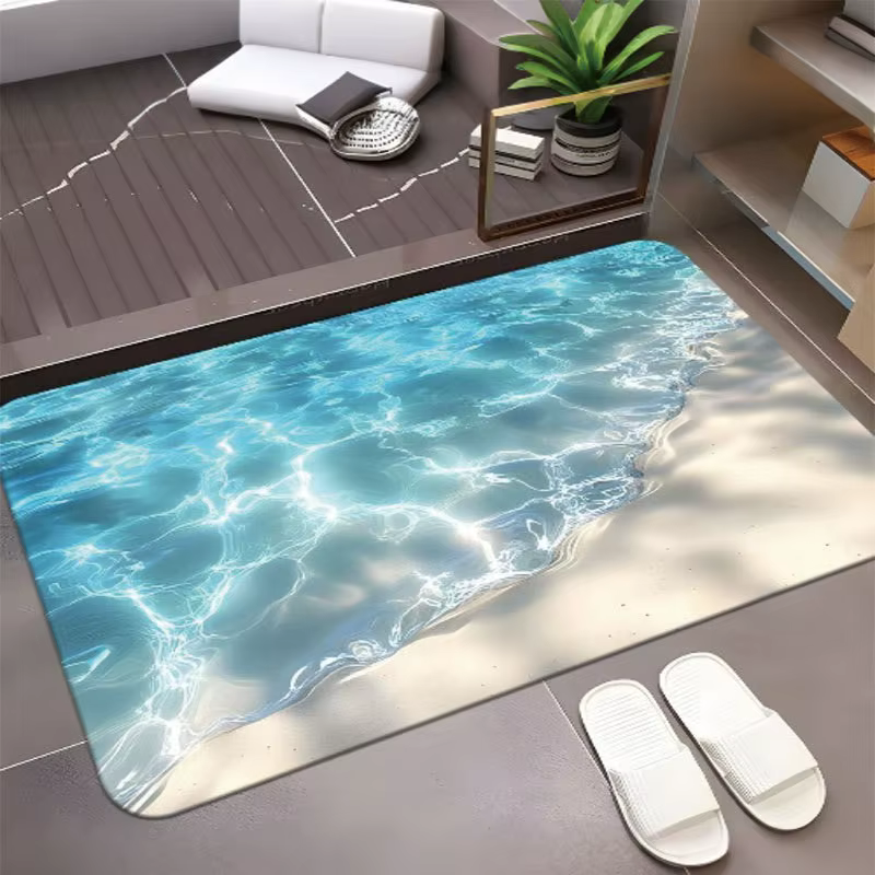 Tapis de bain à motif de vague d'océan bleu, paillasson doux et absorbant pour entrée de salle de bain, tapis de sol imperméable, décoration confortable pour la maison